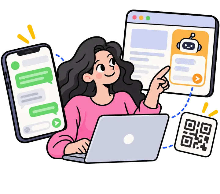 Pemilik usaha menyambungkan WhatsApp lewat scan QR dan memasang Chat Bubble di website
